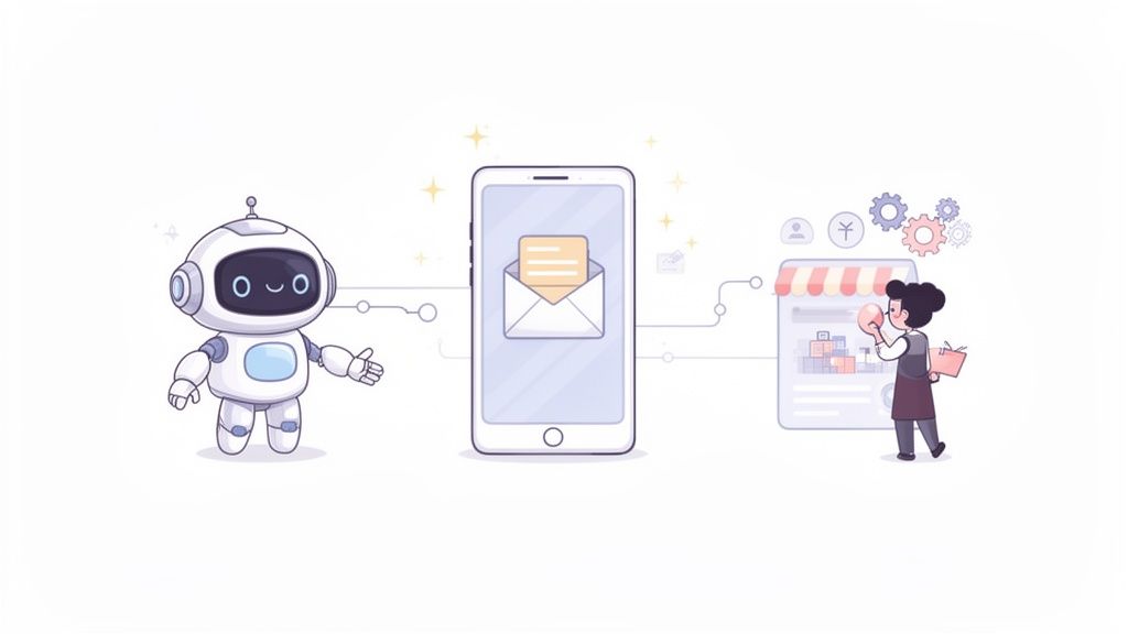 Een vriendelijke robot, smartphone met e-mail en een persoon die een online winkel beheert, symboliseren geautomatiseerde marketing.