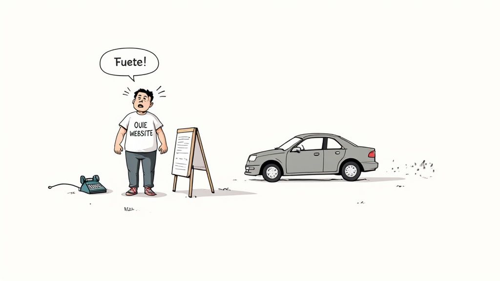 Gefrustreerde man in 'OUIE WEBSITE' t-shirt met oude telefoon en reclamebord. Een auto rijdt weg.