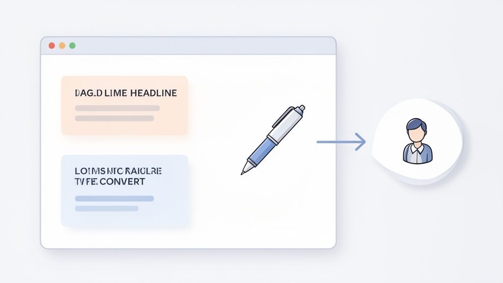 Illustratie van inhoudsconversie: tekst op een webpagina, een pen en een gebruiker.