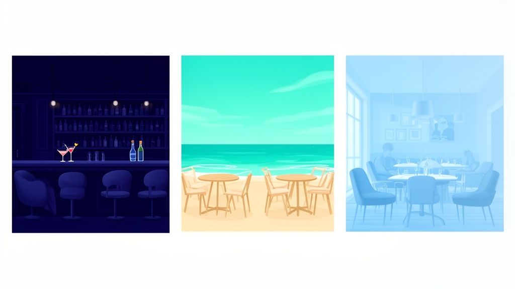 Drie illustraties van verschillende locaties: een donkere bar, een strand met tafels en een lichtblauw restaurant.