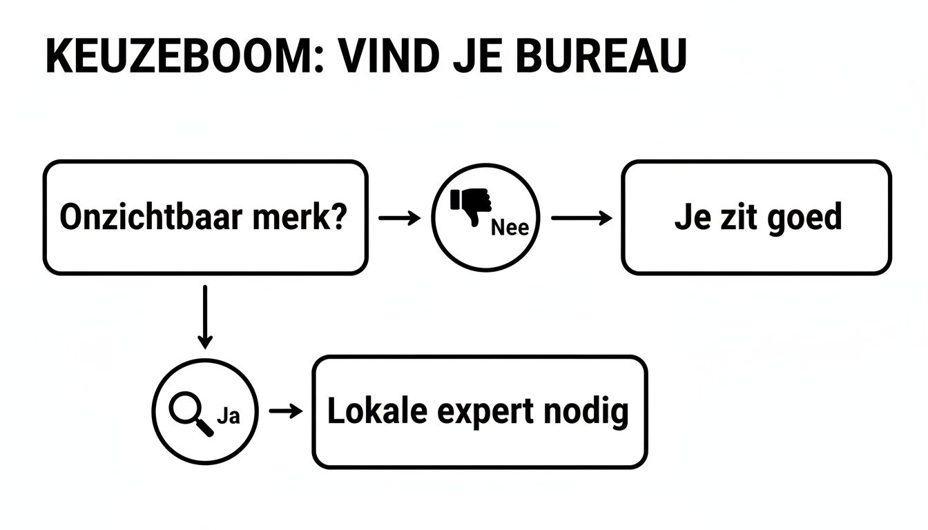 Beslisboom om een bureau te vinden. Vraag over onzichtbaar merk, leidt naar 'Je zit goed' of 'Lokale expert nodig'.