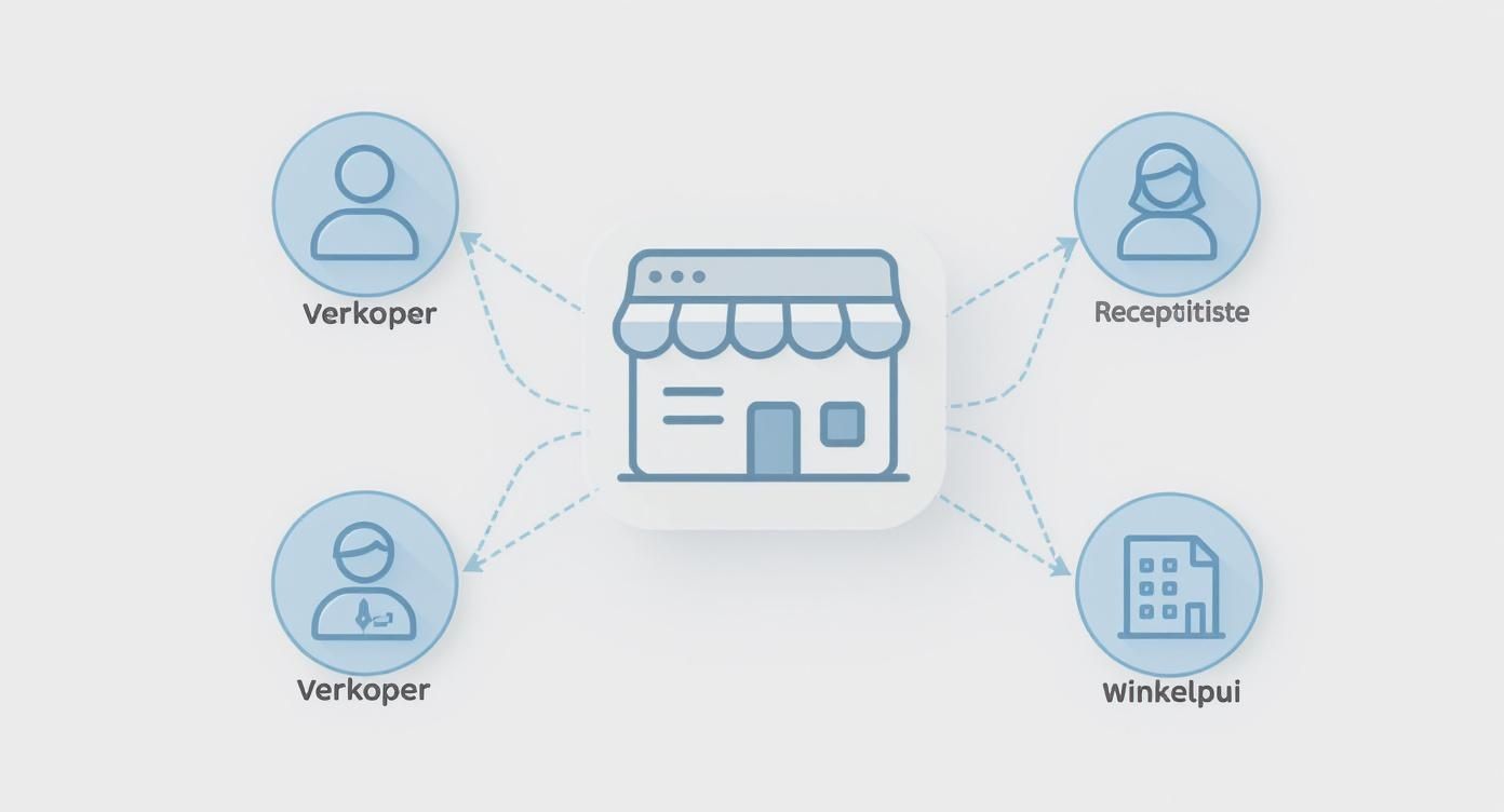 Diagram van een winkel met verbonden rollen: twee verkopers, een receptioniste en een winkelpui.