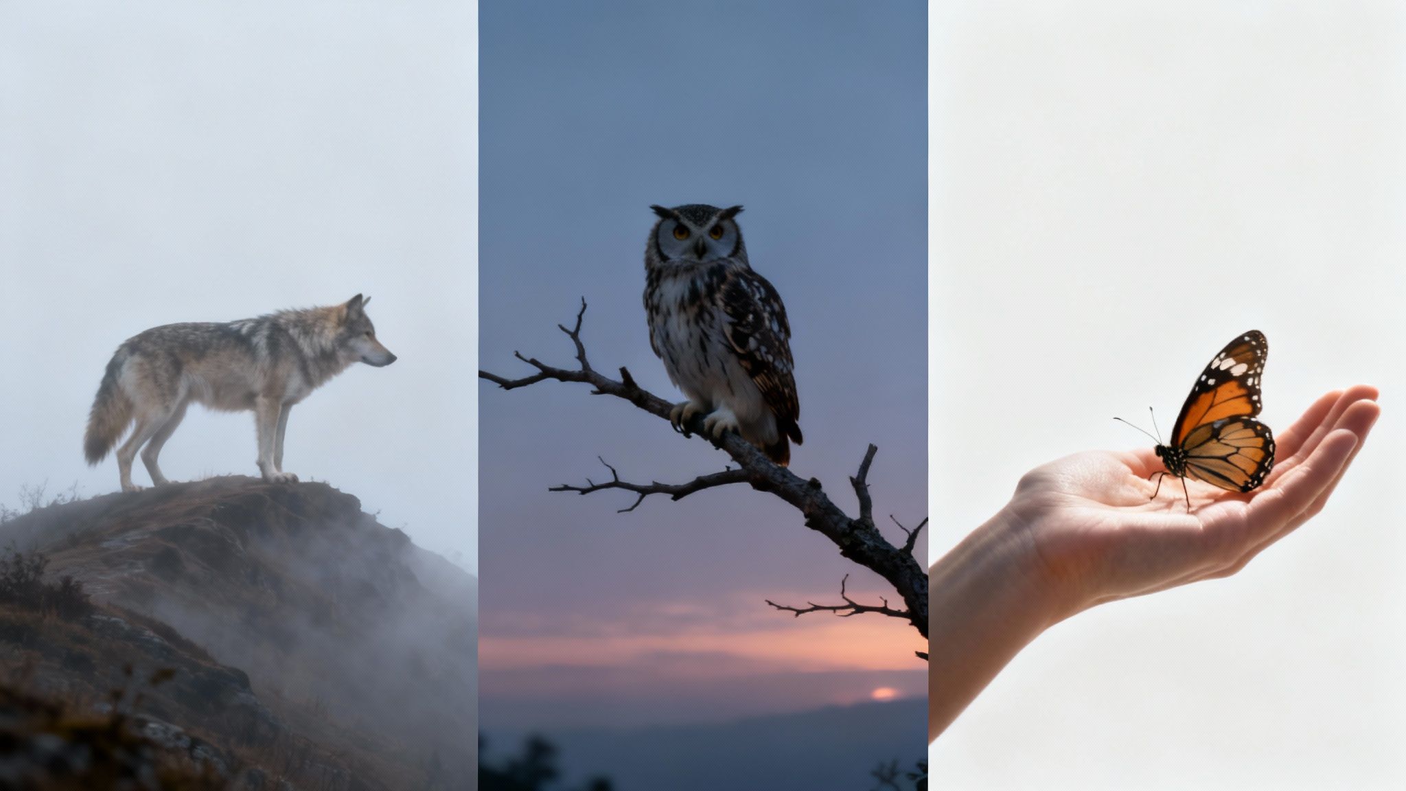 Een wolf kijkt aandachtig in een besneeuwd landschap, symbool voor intuïtie.