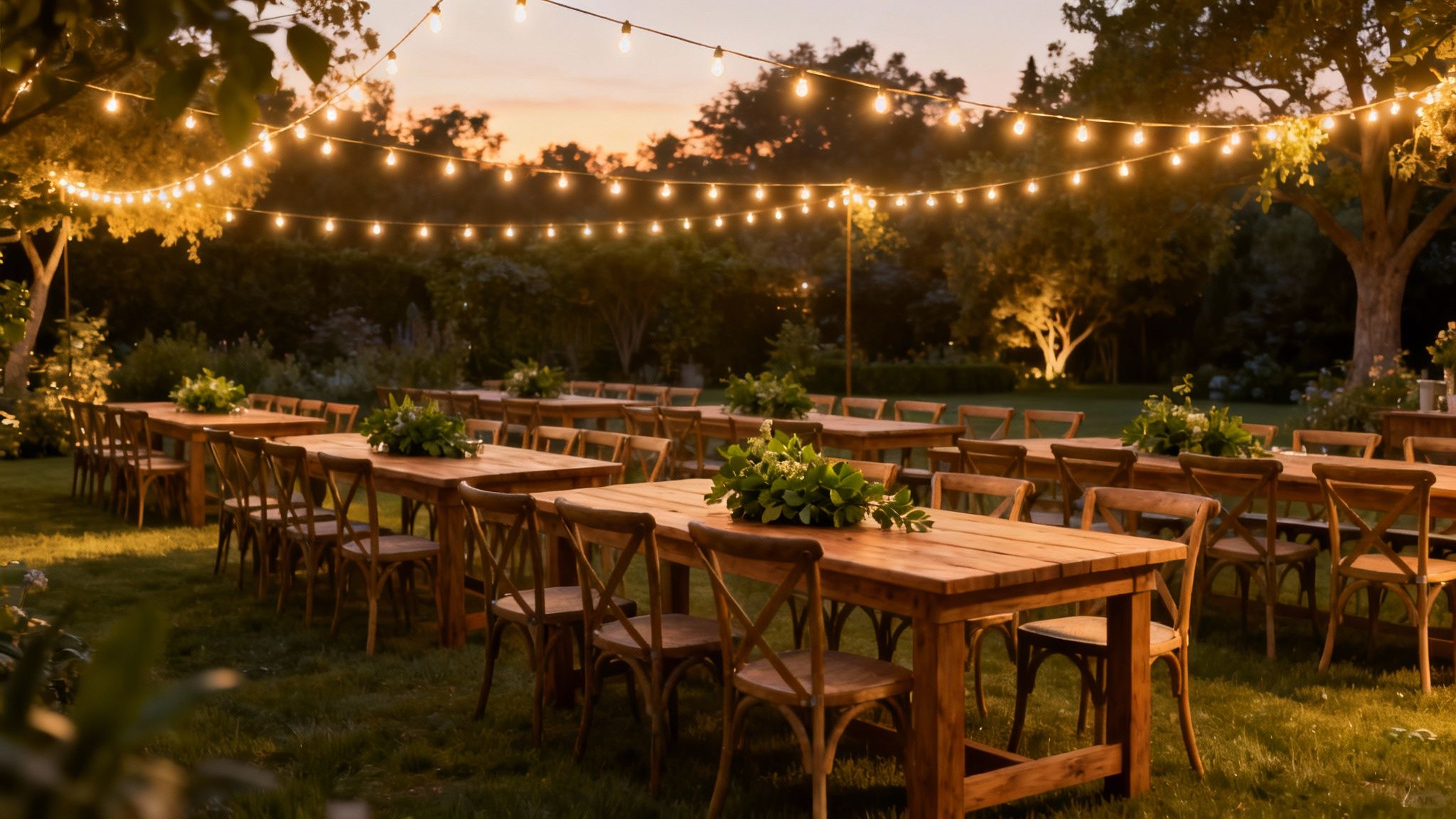 Moderne en sfeervolle opstelling van tafels en stoelen voor een evenement