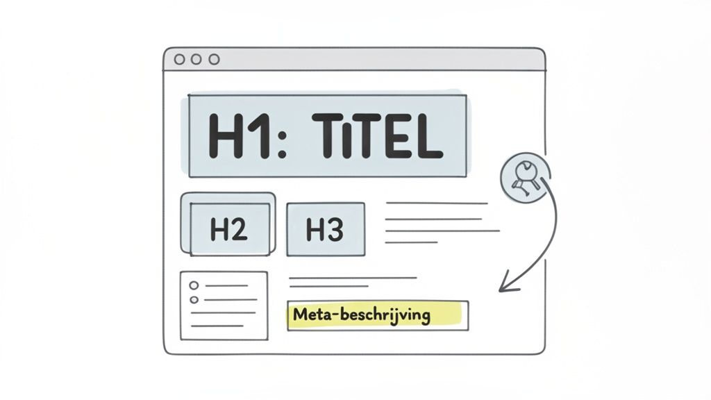 Illustratie van een webpagina met belangrijke SEO-elementen zoals H1, H2, H3 en een meta-beschrijving.