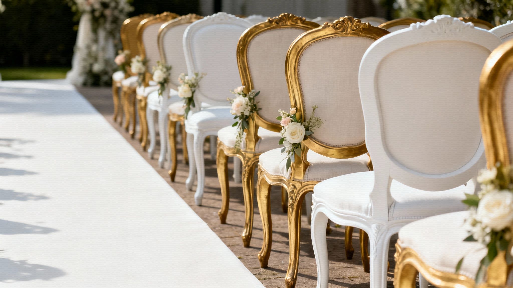 Een rij elegante gouden en witte stoelen met bloemdecoratie langs een wit gangpad voor een bruiloft.