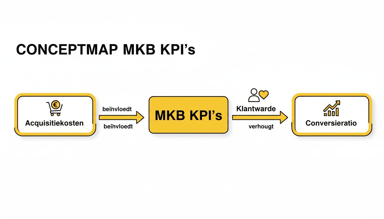 Conceptmap van MKB KPI's, die acquisitiekosten beïnvloeden en klantwaarde en conversieratio verhogen.