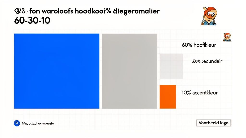 Kleurpalet met 60% blauw (hoofdkleur), 30% grijs (secundair) en 10% oranje (accentkleur), volgens een 60-30-10 verhouding.