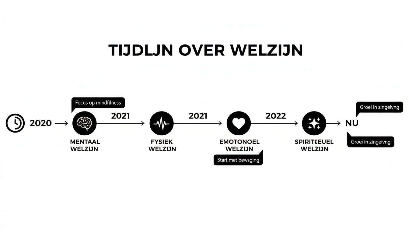 Tijdlijn over welzijn, beginnend in 2020 met mentaal welzijn, via fysiek, emotioneel en spiritueel welzijn naar groei in zingeving nu.