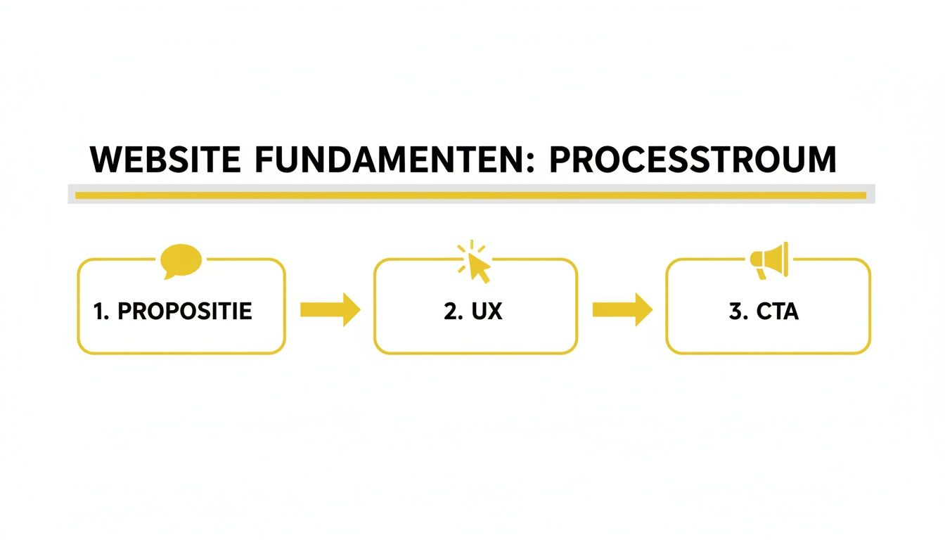 Overzicht van de 3-stappen processtroom voor website fundamenten: Propositie, UX en CTA.