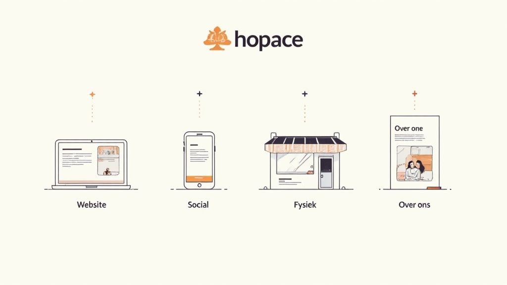 Hopace logo boven vier illustraties: laptop, smartphone, winkelpand en document. Ze symboliseren online en fysieke aanwezigheid.