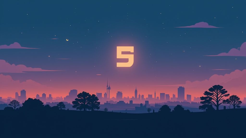 Illustratie van een stadssilhouet bij zonsondergang met een gloeiende '5' en sterren in de lucht.