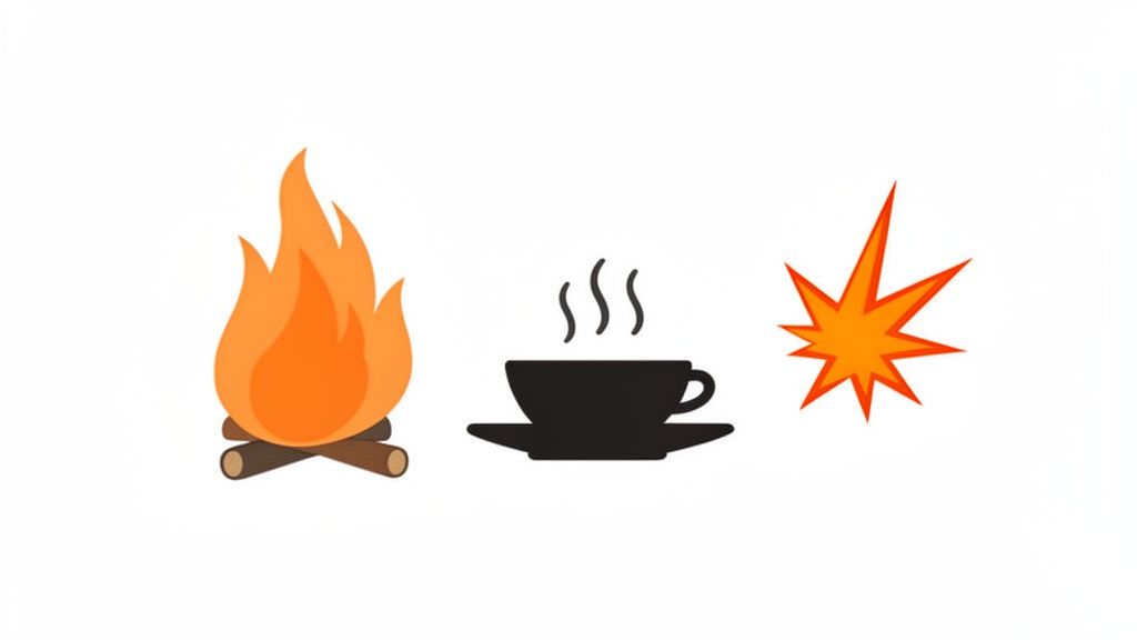 Een rij van drie iconen: een kampvuur, een stomende kop koffie en een oranje ster.