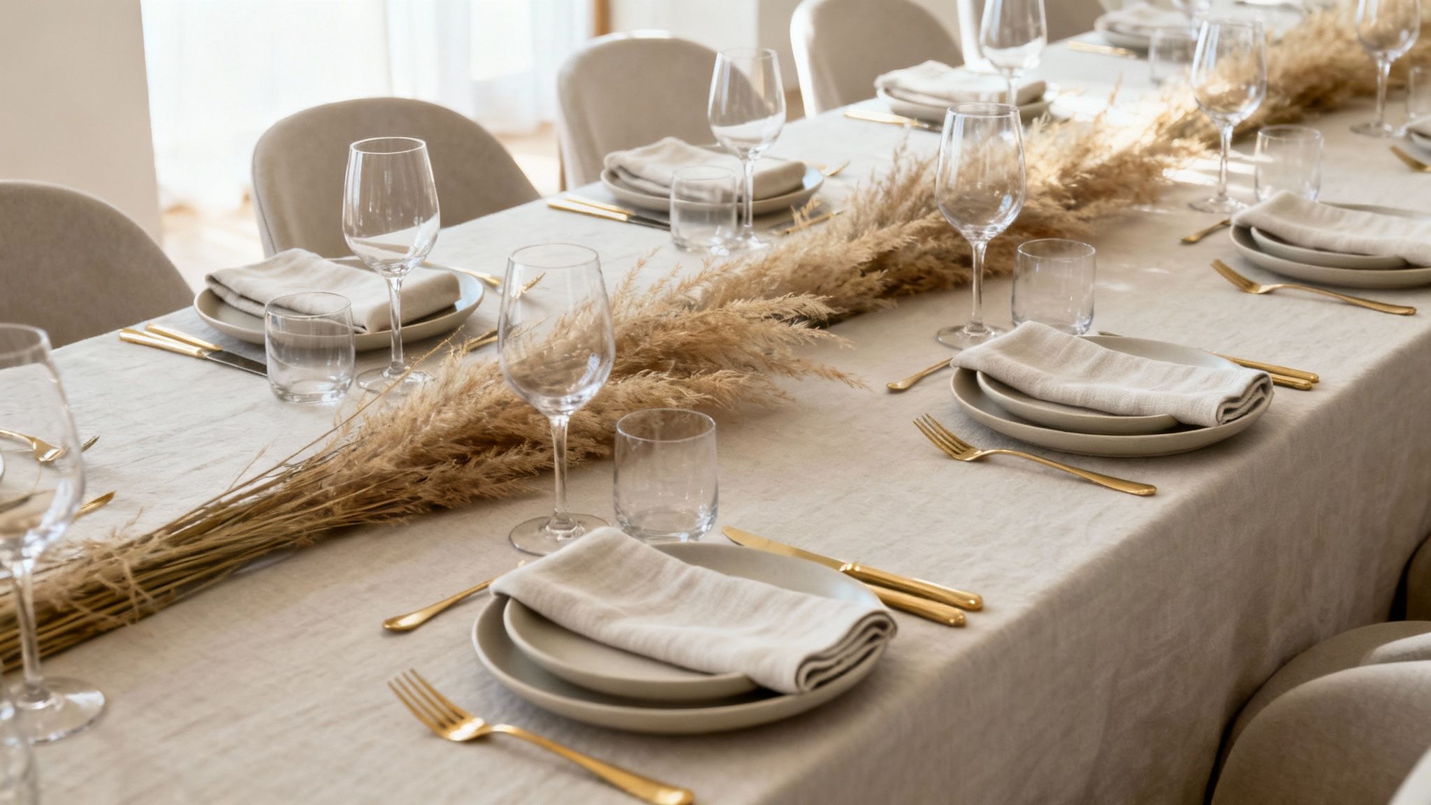 Een lange eettafel is elegant gedekt met beige servies, gouden bestek en glazen, versierd met pluizig pampasgras.