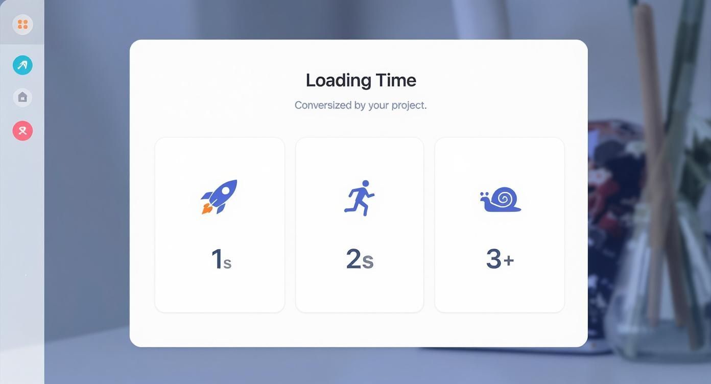 Infographic die de relatie tussen website laadtijd in seconden en het conversiepercentage visualiseert, met iconen van een raket, een rennende man en een slak.