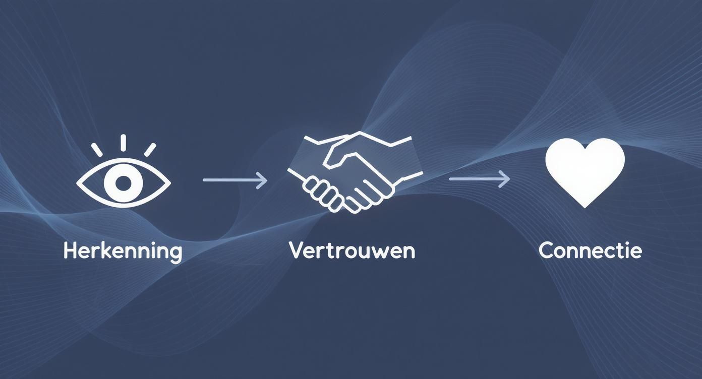 Visualisatie van merkidentiteit proces: herkenning via oog icoon, vertrouwen via handdruk, connectie via hart symbool