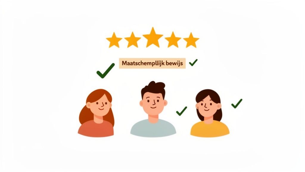 Vijf gouden sterren en drie mensen met vinkjes symboliseren maatschappelijk bewijs en klanttevredenheid.