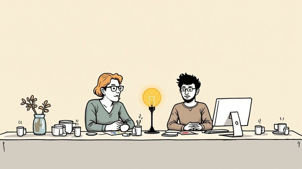 Twee mensen brainstormen aan een tafel, met een gloeiende lamp als symbool voor nieuwe ideeën.