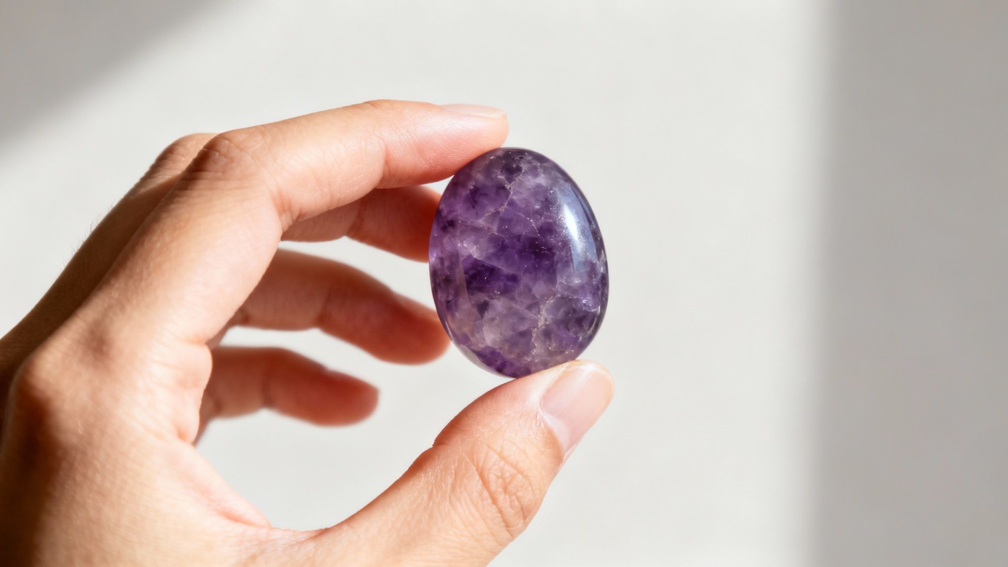 Een persoon houdt een gladde, lichte steen in de palm van hun hand, als symbool van intuïtieve keuze.