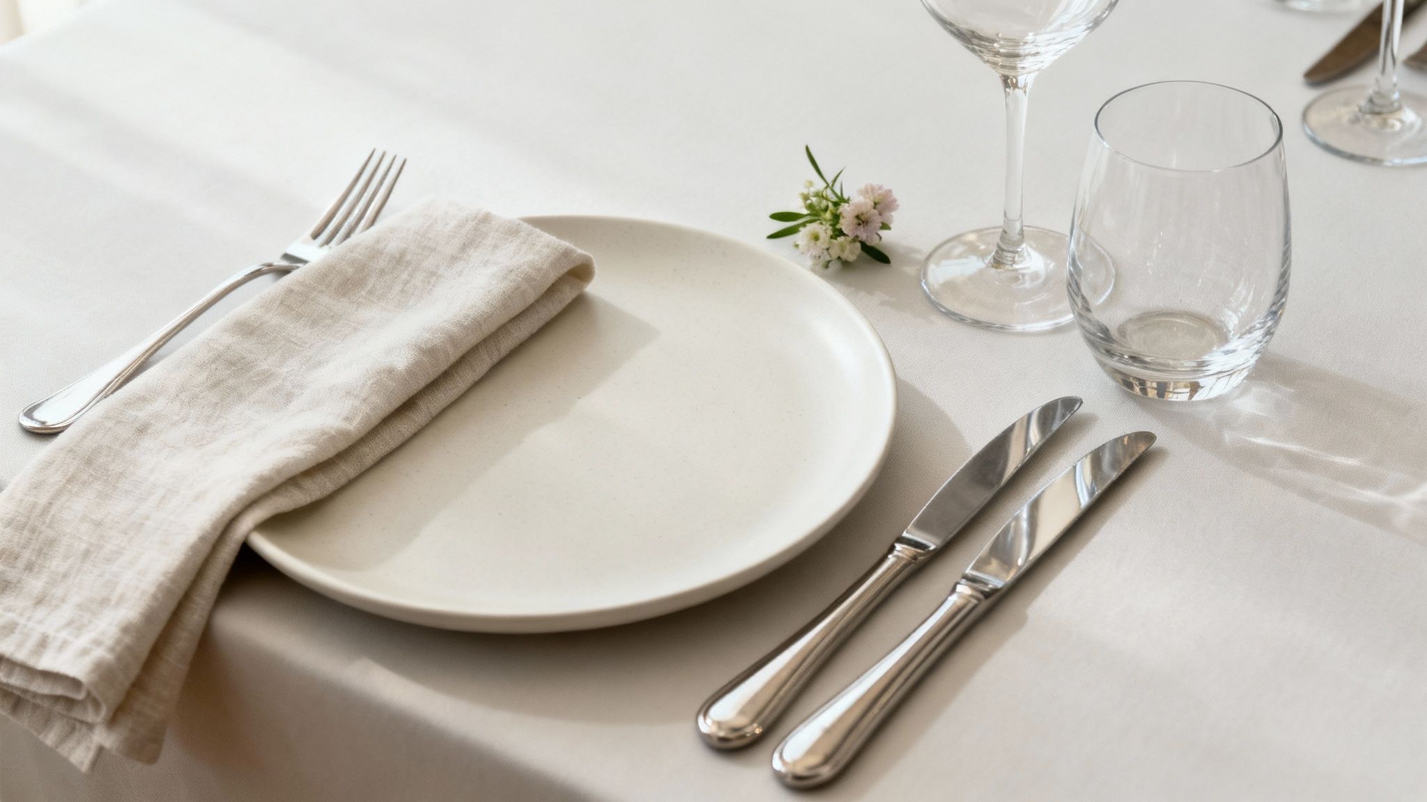 Elegante gedekte tafel met crèmekleurig servies, kristallen glazen en linnen servetten voor bruiloft