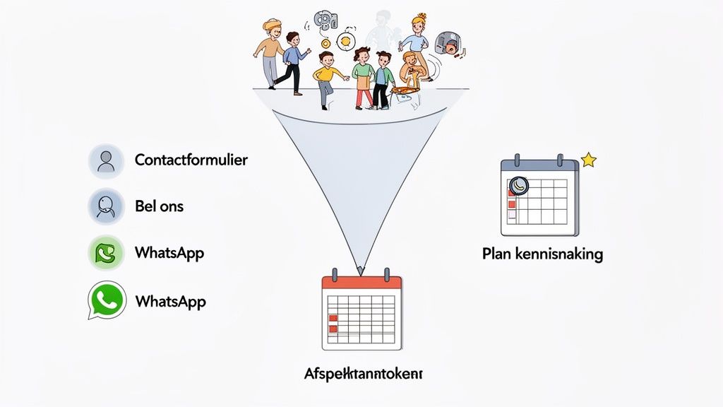 Een marketingtrechter toont diverse contactkanalen leidend naar het plannen van afspraken en kennismakingen voor klanten.