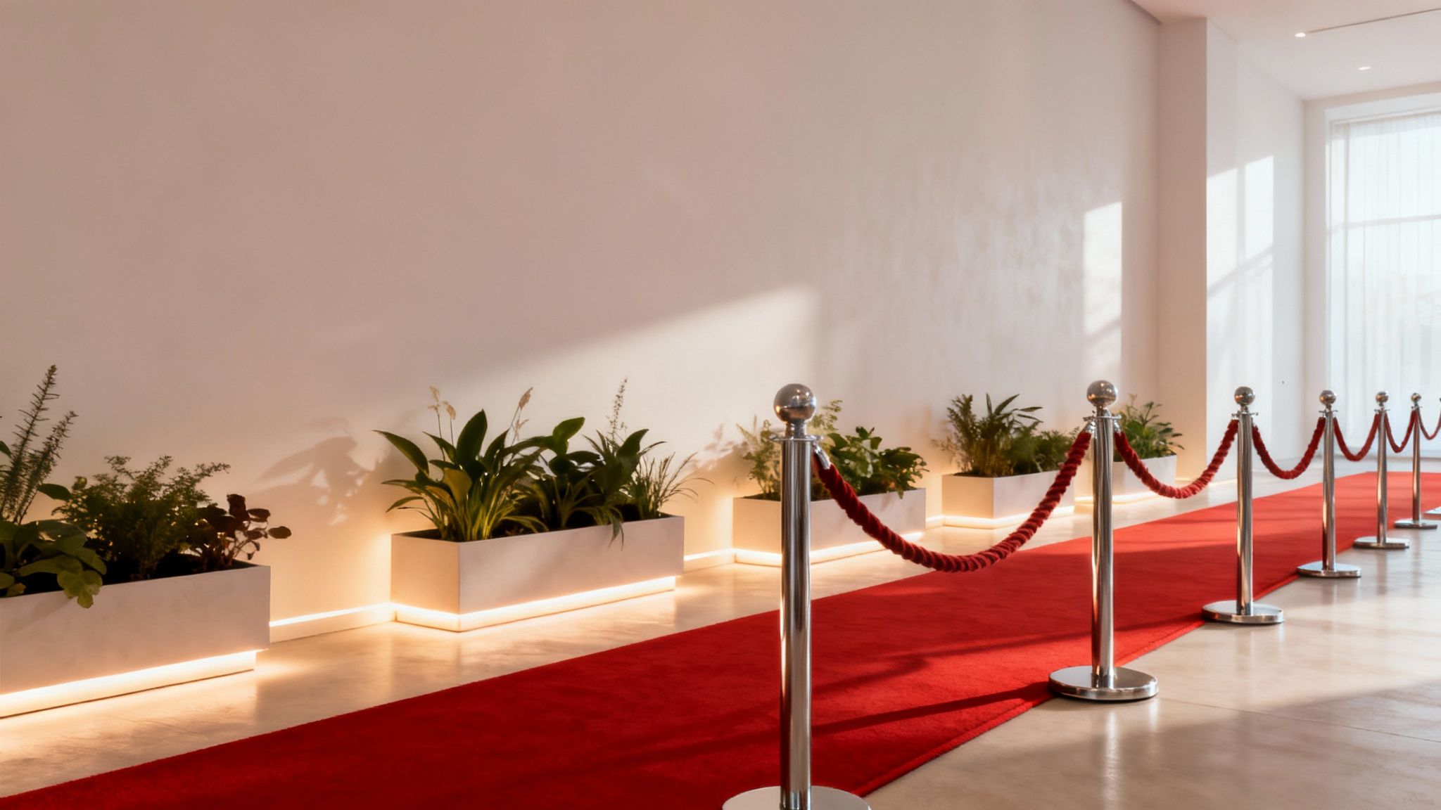 Stijlvolle rode loper entree met afzetpaaltjes en koorden