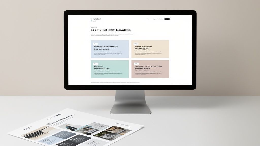 Computerscherm toont een website met contentkaarten; een document met ontwerpen ligt op het bureau.