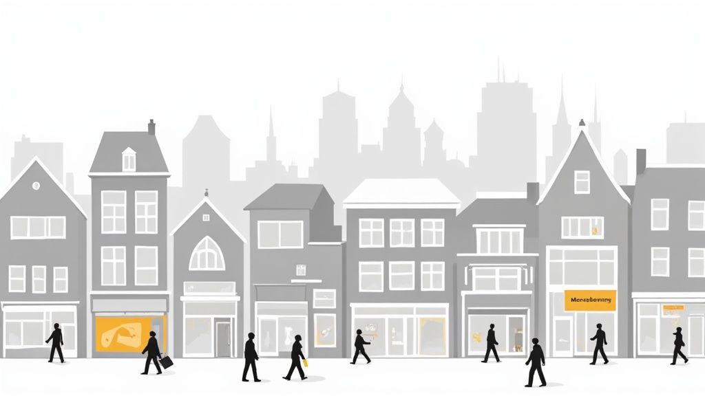 Een levendig straatbeeld met grijsgekleurde gebouwen en mensen die wandelen. Sommige etalages lichten geel op, met een stadssilhouet op de achtergrond.