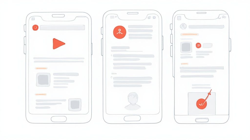 Drie schematische weergaven van smartphone-schermen met app-interfaces, waaronder een video-afspeelknop, profiel en meldingen.