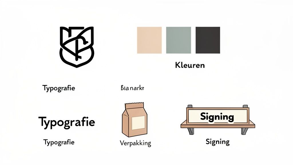 Overzicht van de visuele identiteit met logo, typografie, kleurenpalet, verpakking en bewegwijzering.