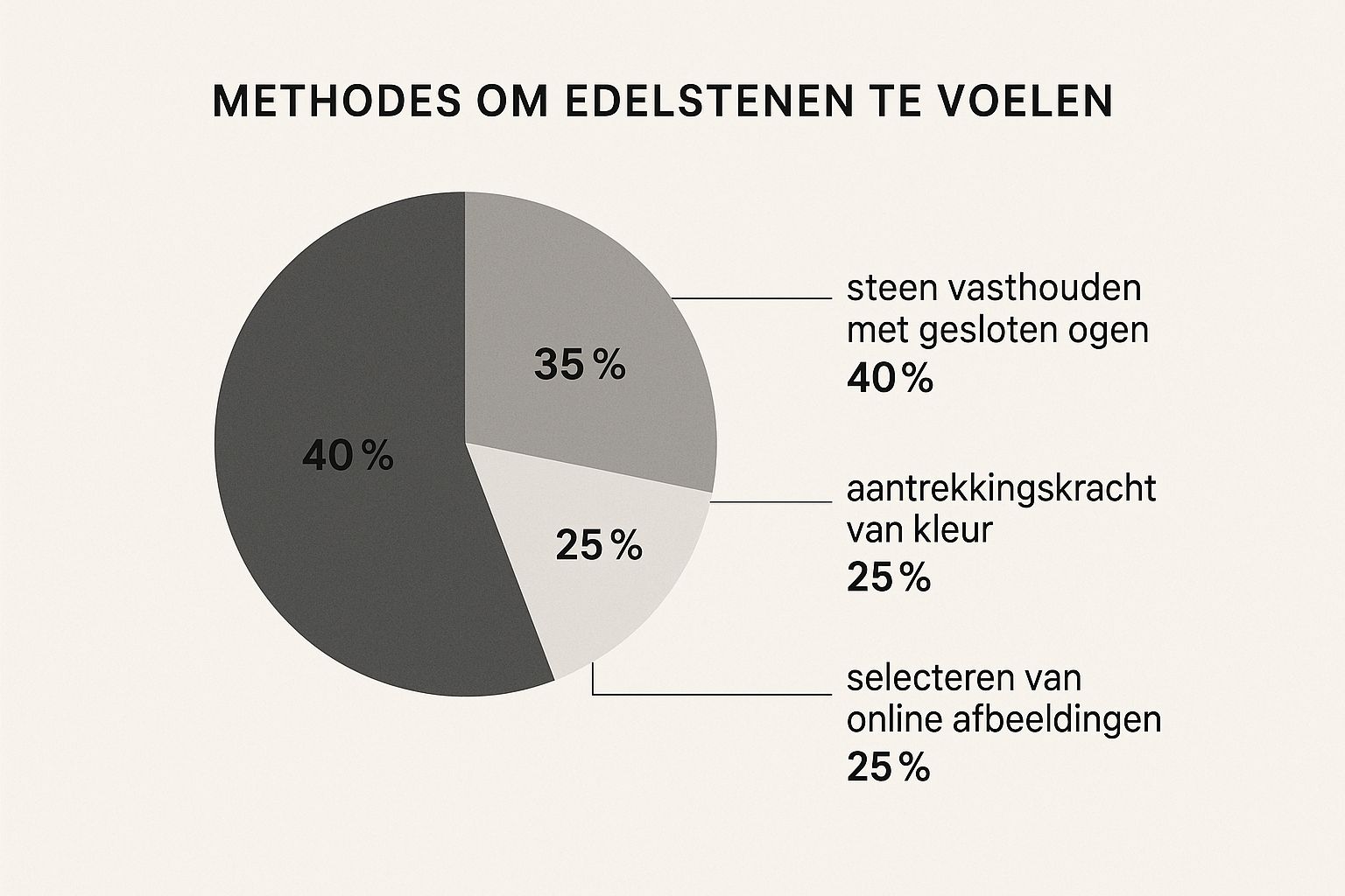 Een cirkeldiagram toont drie methodes om edelstenen te voelen: 40% steen vasthouden met gesloten ogen, 35% aantrekkingskracht van kleur, 25% selecteren van online afbeeldingen.