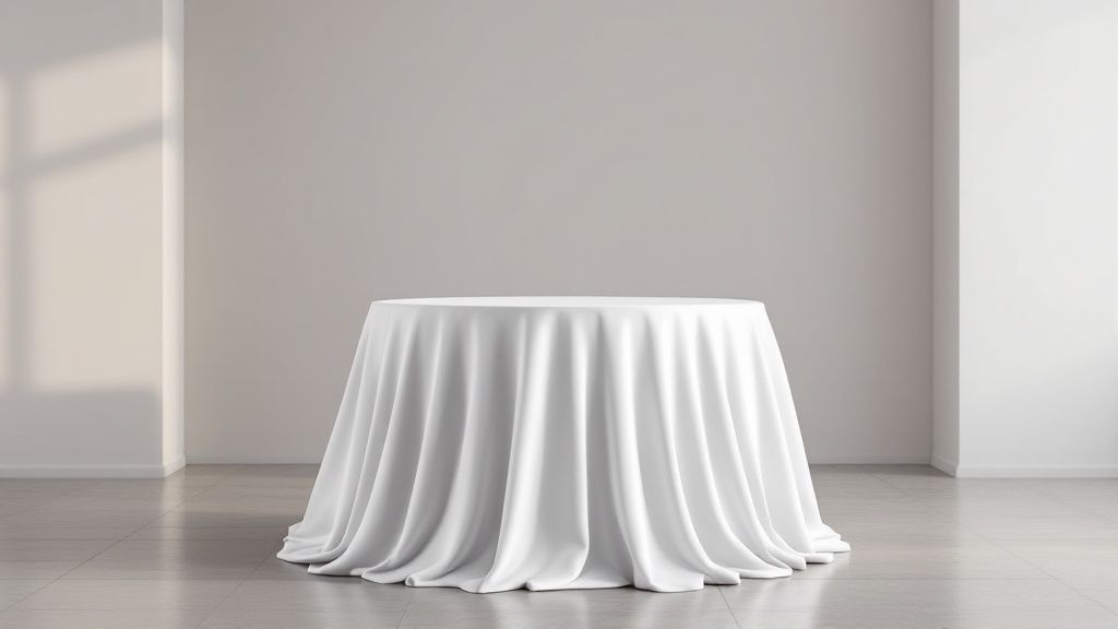 Een rij met witte statafels met rokken in een feestelijke setting