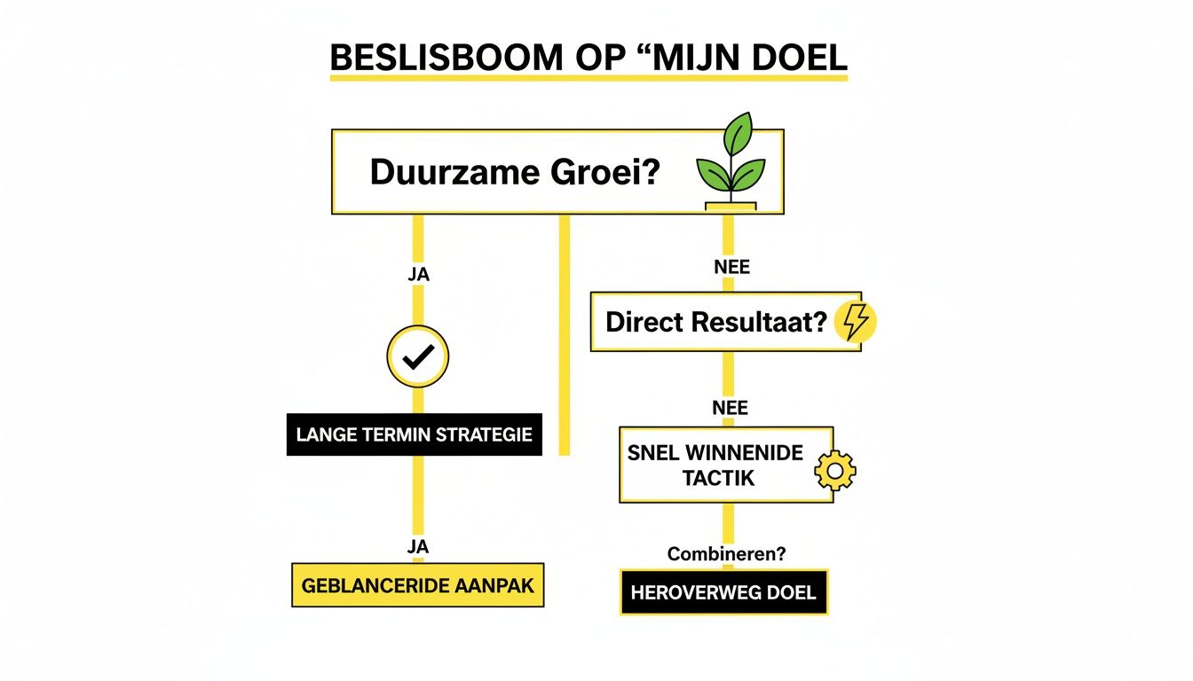 Beslisboom voor bedrijfsdoelen, met opties voor duurzame groei, direct resultaat en strategieën.