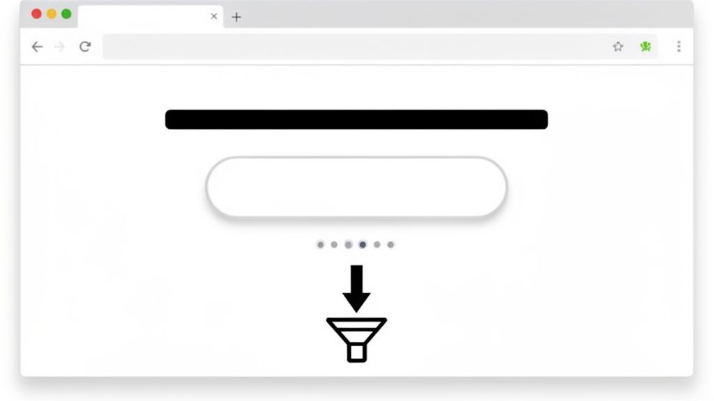 Illustratie van een webbrowser met zoekbalk, invoerveld, een reeks stippen en een trechtericoon, wat een filterproces voorstelt.