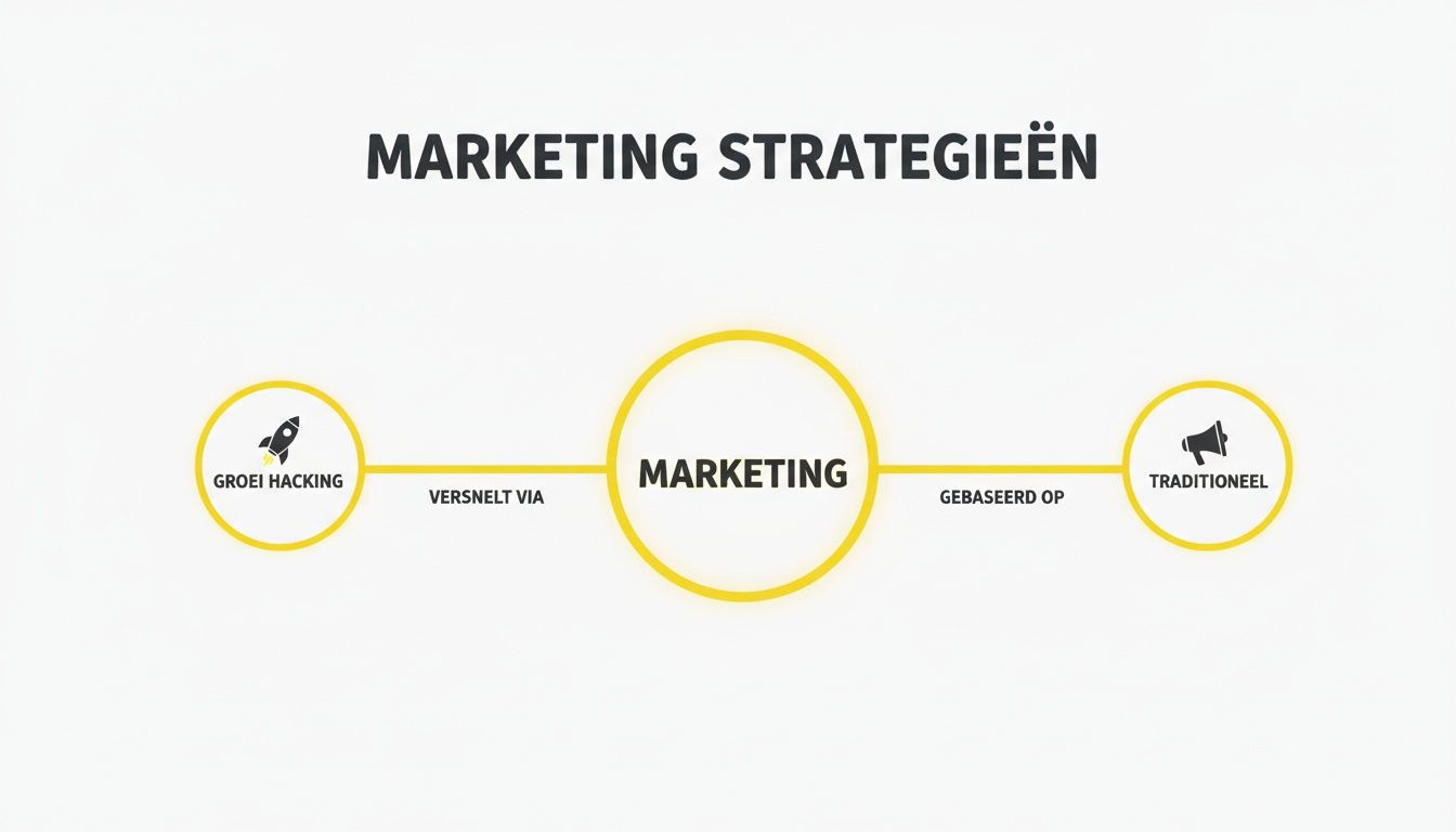 Diagram van marketingstrategieën: groei hacking versneld via marketing, gebaseerd op traditionele methoden.
