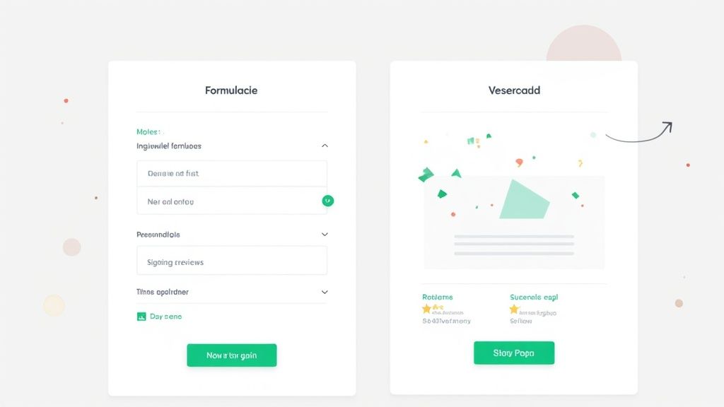 Een afbeelding toont twee witte kaarten: een formulier met invoervelden en een groene knop, en een kaart met confetti en tekst, op een lichte achtergrond.