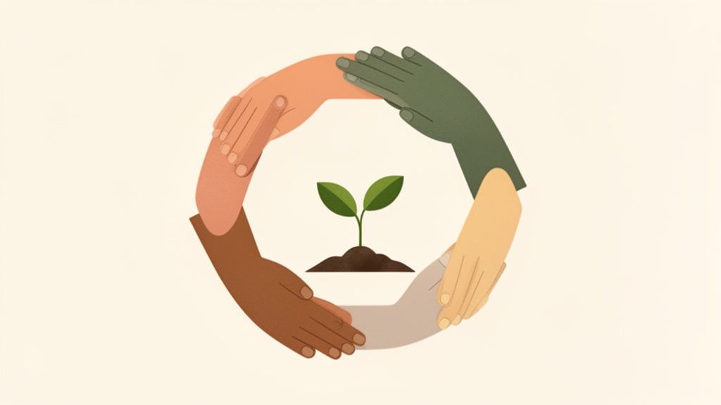 Handen van diverse huidskleuren vormen een cirkel rond een jonge plant, symboliserend eenheid, groei en milieuzorg.