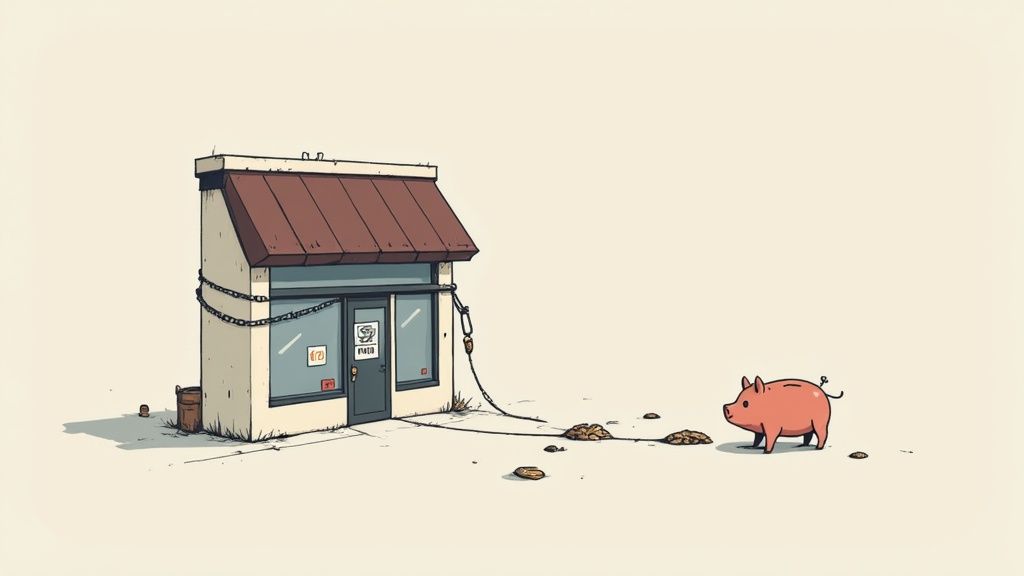 Een cartoonwinkel geketend aan een klein roze varkentje, met een spoor van munten dat wegleidt.