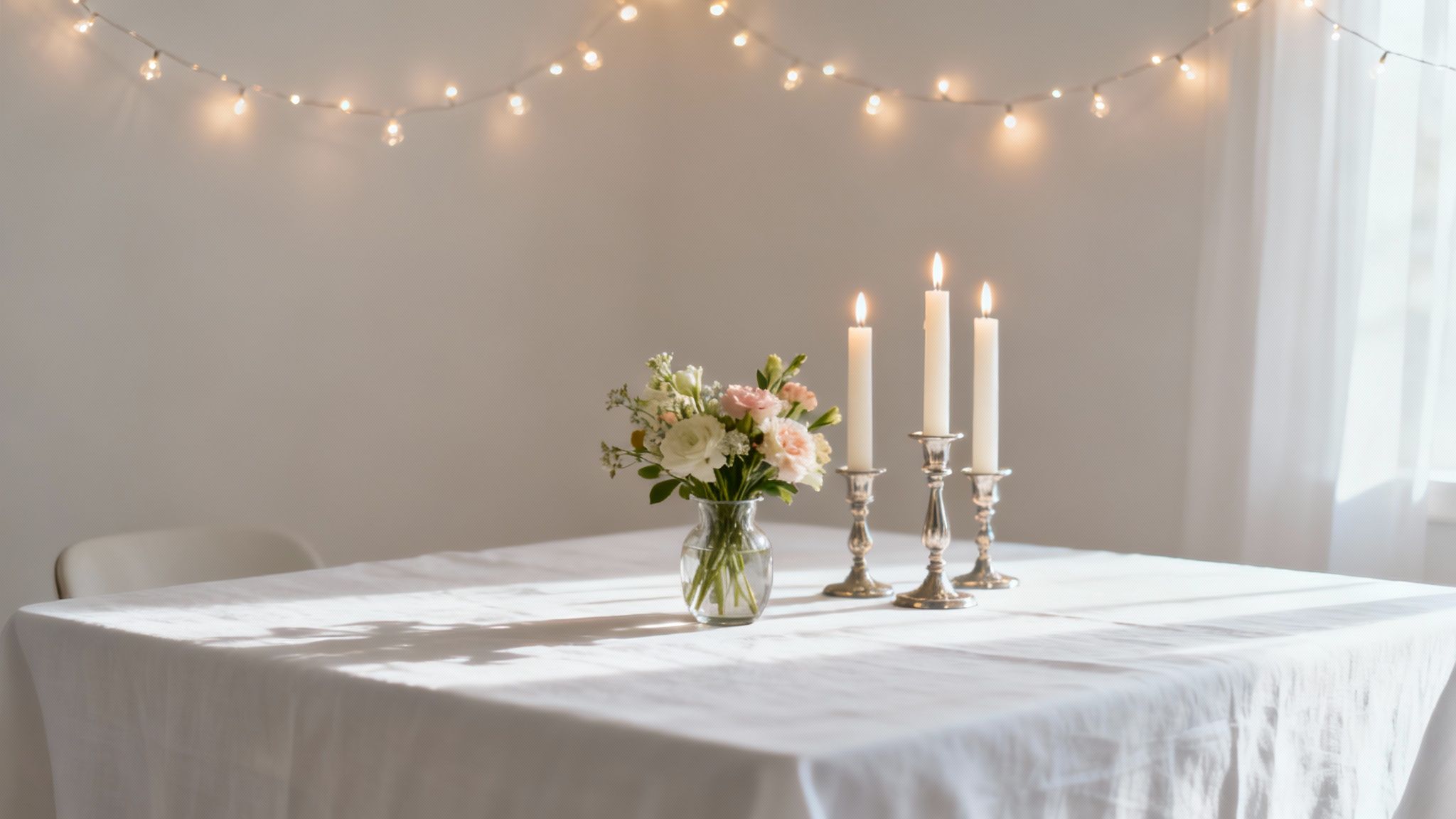 Een prachtig gedekte tafel met elegante decoratie die de sfeer van het evenement versterkt