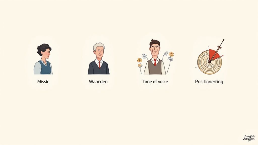 Illustratie van vier pijlers van merkstrategie: missie, waarden, tone of voice en positionering.