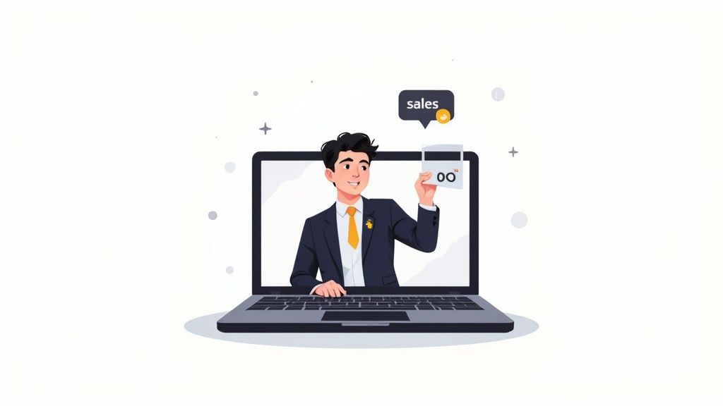 Illustratie van een lachende man in pak die uit een laptop komt, met een 'sales' bubbel en een kaart met '00'.