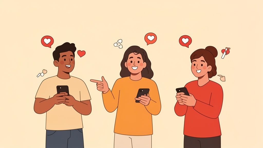 Drie diverse mensen glimlachen en gebruiken smartphones, met social media-pictogrammen om hen heen zwevend.