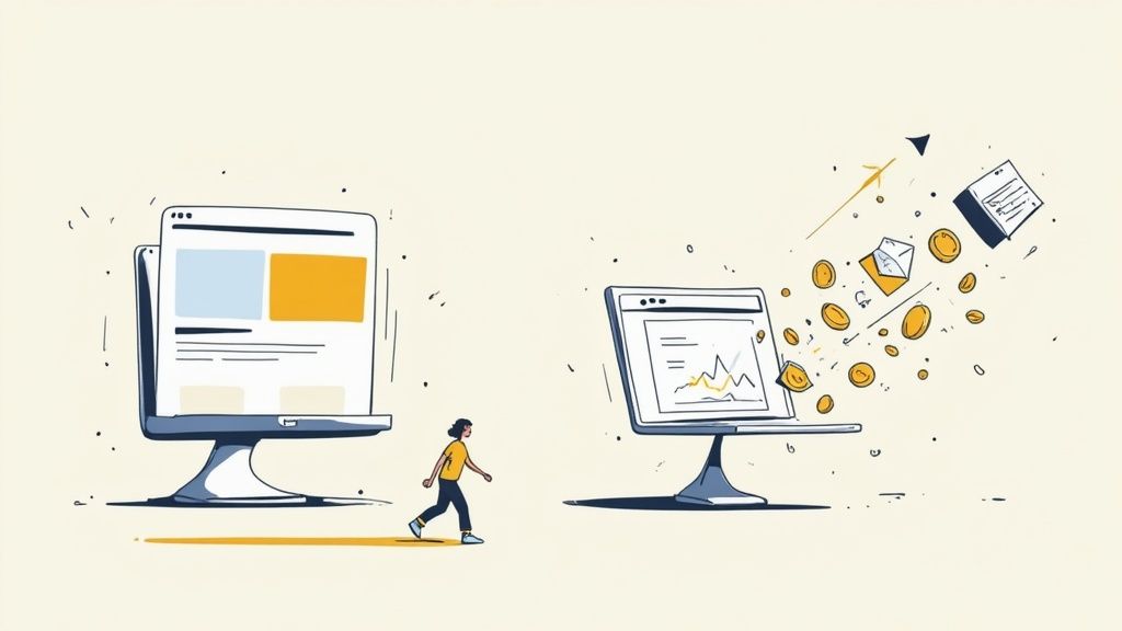 Een modern kantoorinterieur waar een team samenwerkt aan een webdesign op een groot scherm.