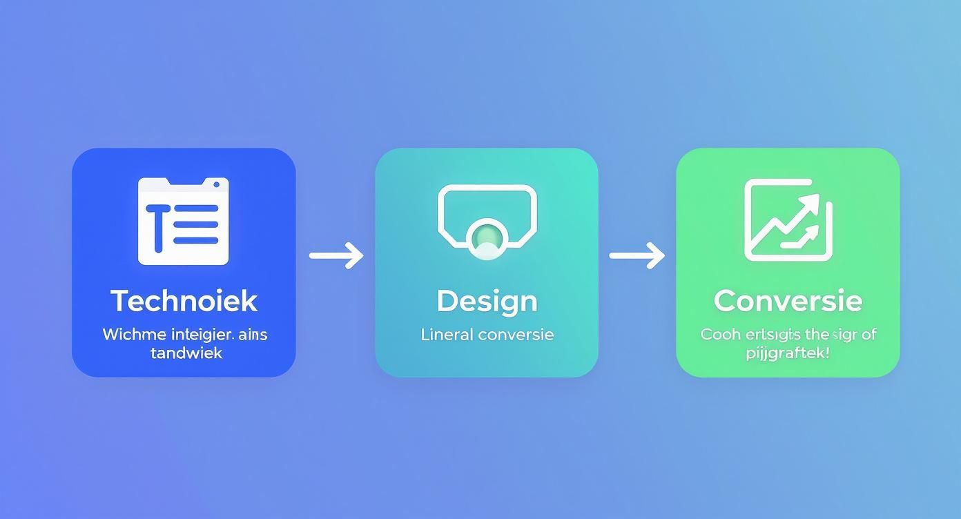 Drie stappen proces van technoiek naar design en conversie voor website ontwikkeling
