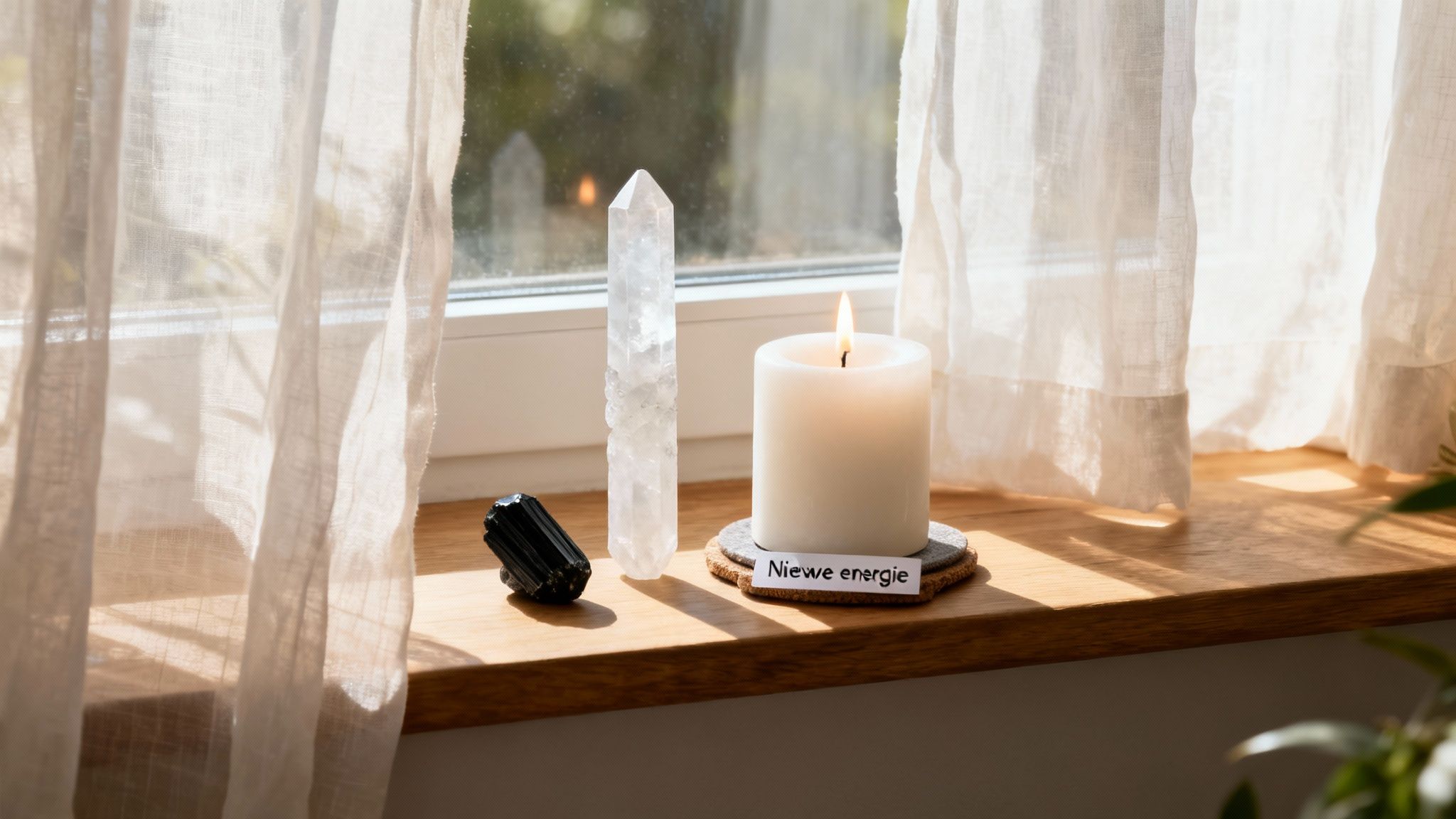 Een brandende kaars, helder kwartskristal en zwarte toermalijn op een houten vensterbank met witte gordijnen, voor nieuwe energie.