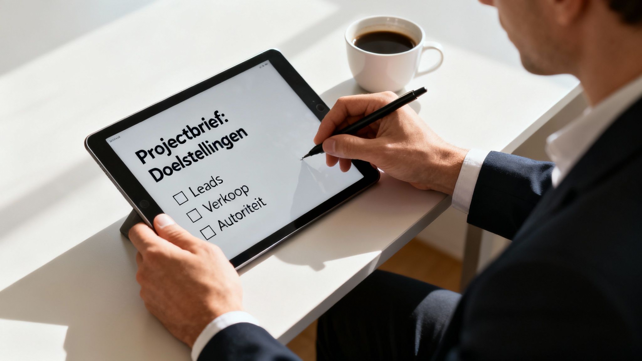 Iemand die geconcentreerd aantekeningen maakt in een notitieboek.