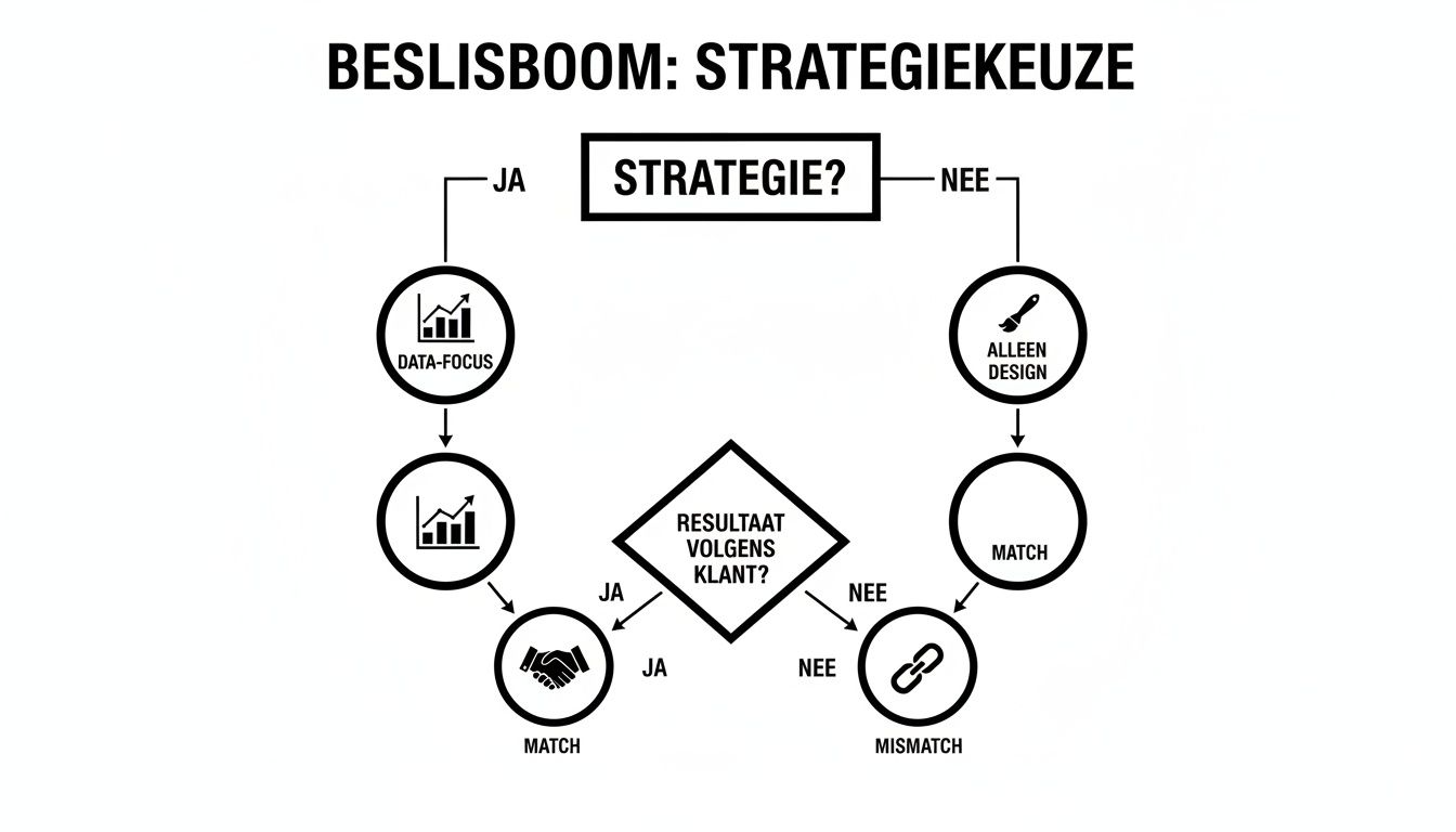 Beslisboom voor strategiekeuze toont paden voor data-focus en design, leidend tot match of mismatch op basis van klantresultaat.