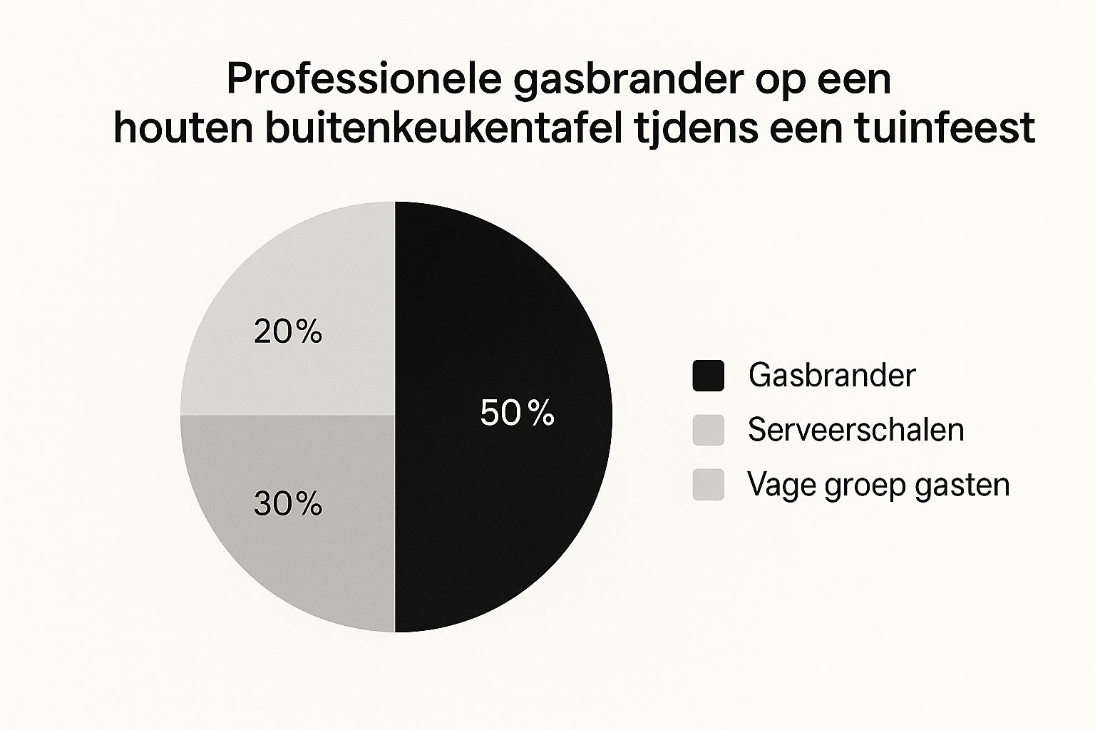 Een professionele gasbrander op een houten buitenkeukentafel tijdens een tuinfeest, met serveerschalen ernaast en gasten op de achtergrond.