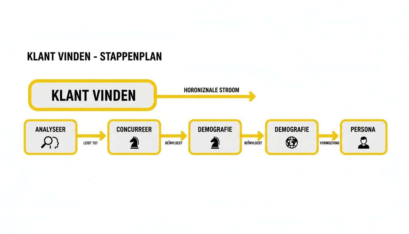Visualisatie van een stappenplan voor het vinden van klanten, inclusief analyse, concurrentie, demografie en persona's.