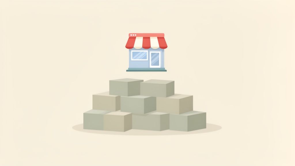 Een gestileerd winkelicoon met een browserbalk, geplaatst op een stapel dozen, symboliseert e-commerce logistiek.